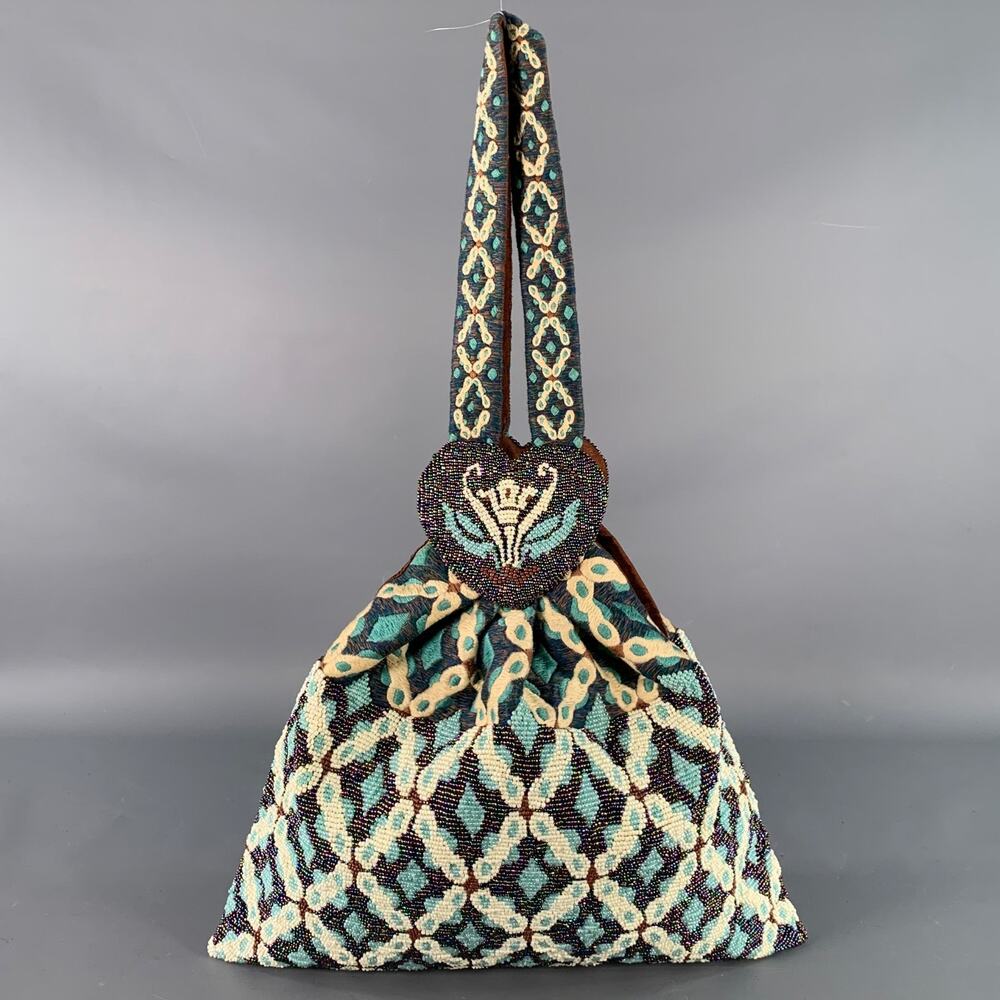 MURIEL BRANDOLINI Blue Brown White Beaded Hand Embroidered Cotton Handbag - Picture 5 of 9